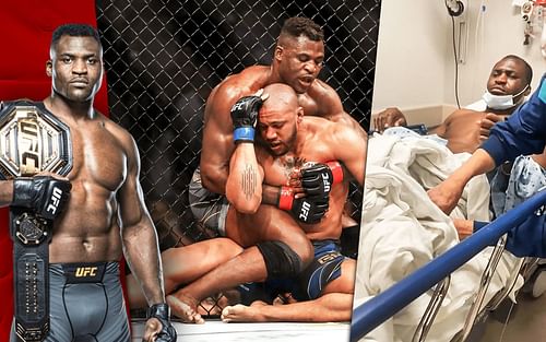 Francis Ngannou undergoes knee injury [Image Credits-> left images from ufc.com | middle images from Getty | right images from Francis Ngannou's IG]