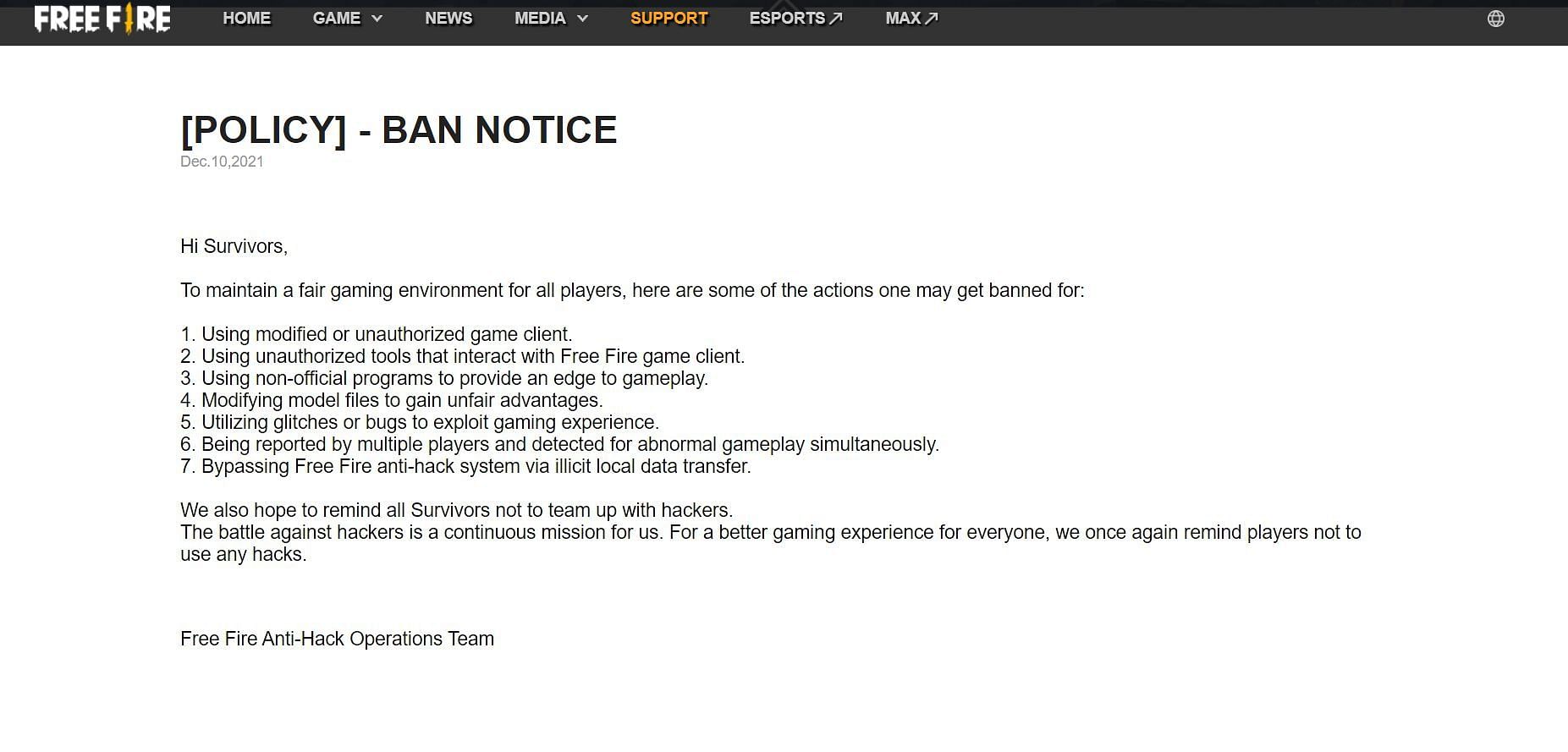 Announcement: Ban Notice – Garena Free Fire