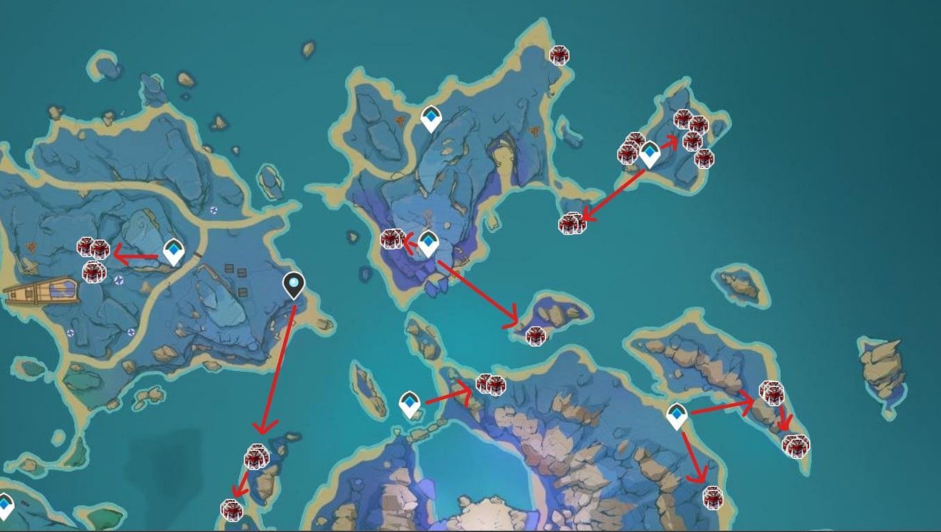 Farming route for Handguards in Seirai Island (Image via Genshin Impact Interactive map)