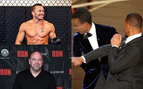 (Left Top) Georges St-Pierre via Instagram @georgesstpierre, (Left Bottom) Dana White via Getty, (Right) Will Smith-Chirs Rock altercation via Instagram @francisngannou