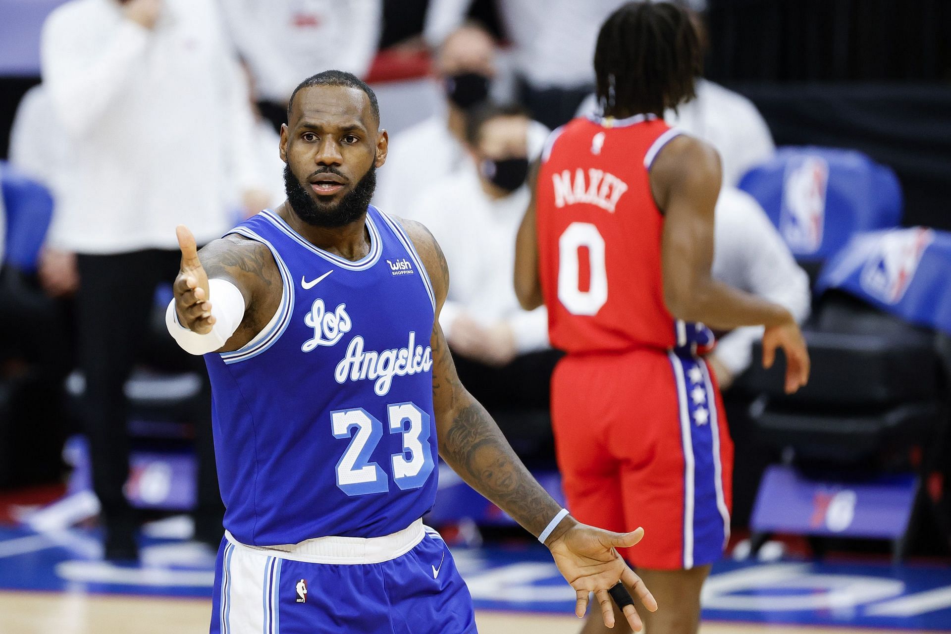 LeBron James of the Los Angeles Lakers against the Philadelphia 76ers.