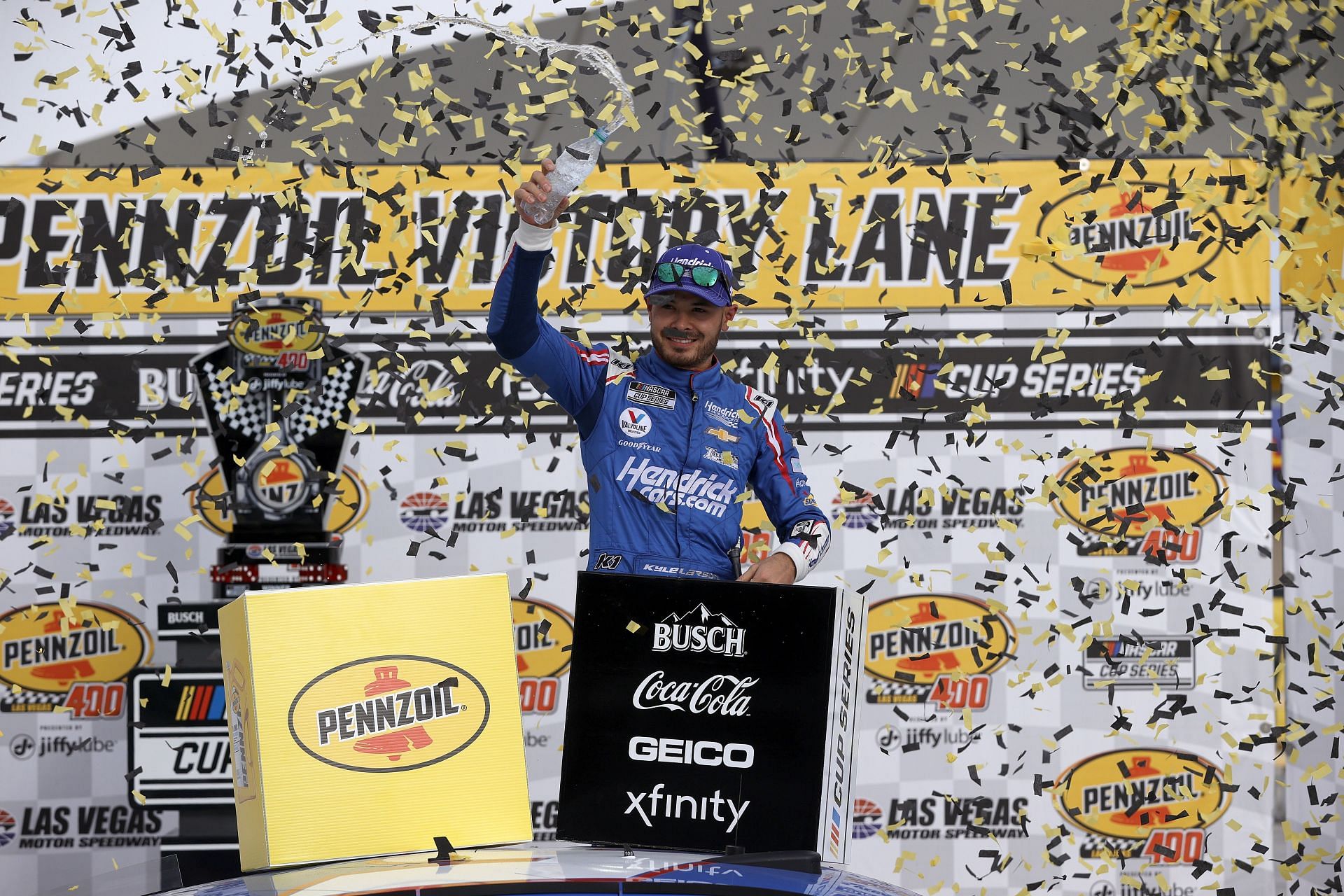 Kyle Larson after winning the 2021 NASCAR Cup Series Pennzoil 400 presented by Jiffy Lube (Photo by Chris Graythen/Getty Images)