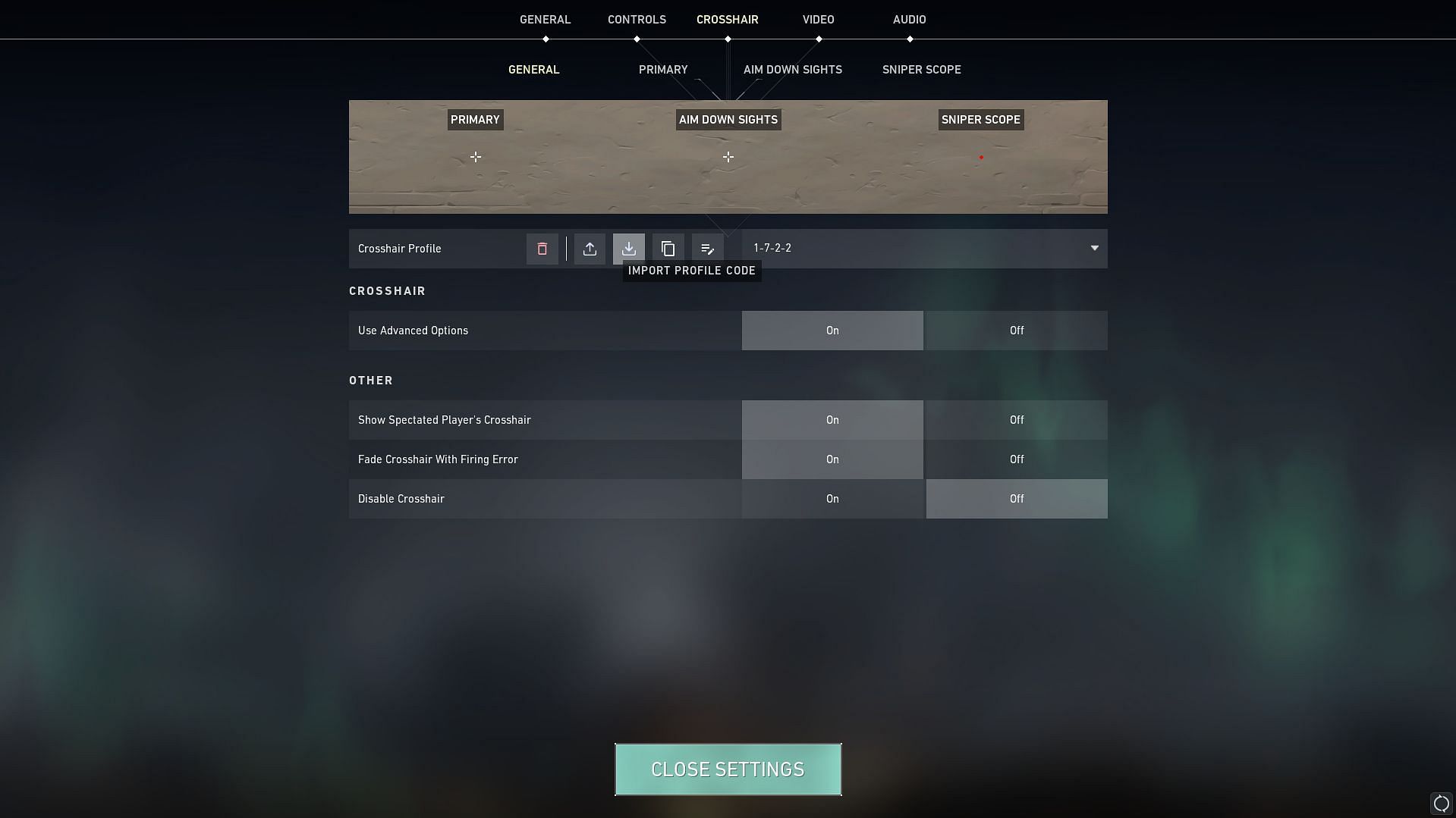 Crosshairs tab in the settings menu (Image via Riot Games)