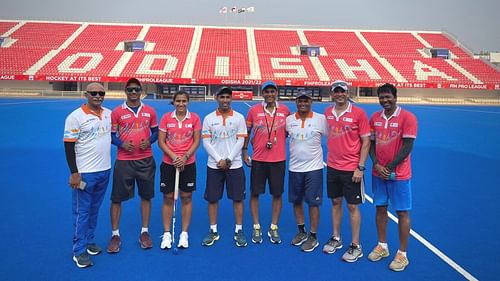 From Left: BC Kariappa, Adrian D'Souza, Rani, Vickram Kanth, Rajnish Mishra, Edgar Mascarenhas, Gavin Fernandes, and Lazarus Barla, during the HI Coaching Education Pathway in Bhubaneswar