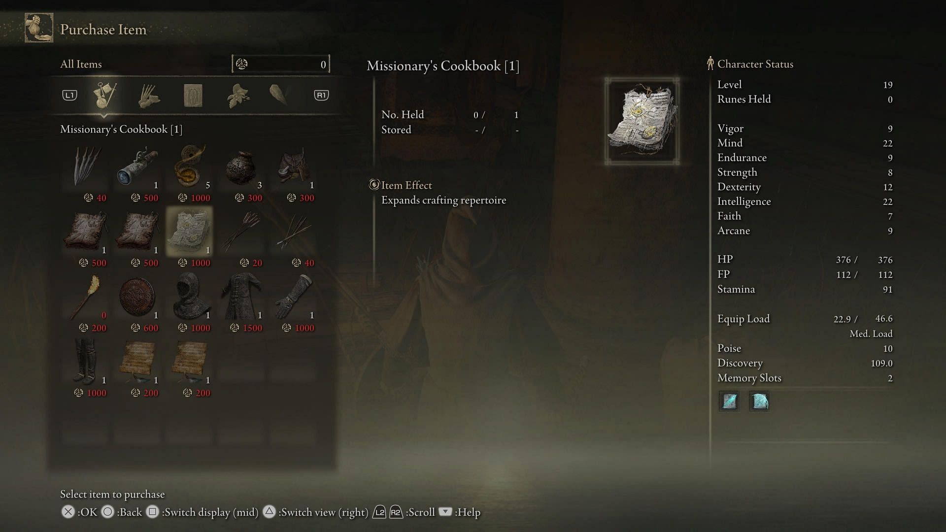 Purchasing the Missionary&#039;s Cookbook (1) will cost the player 1000 runes. Image via Elden Ring.
