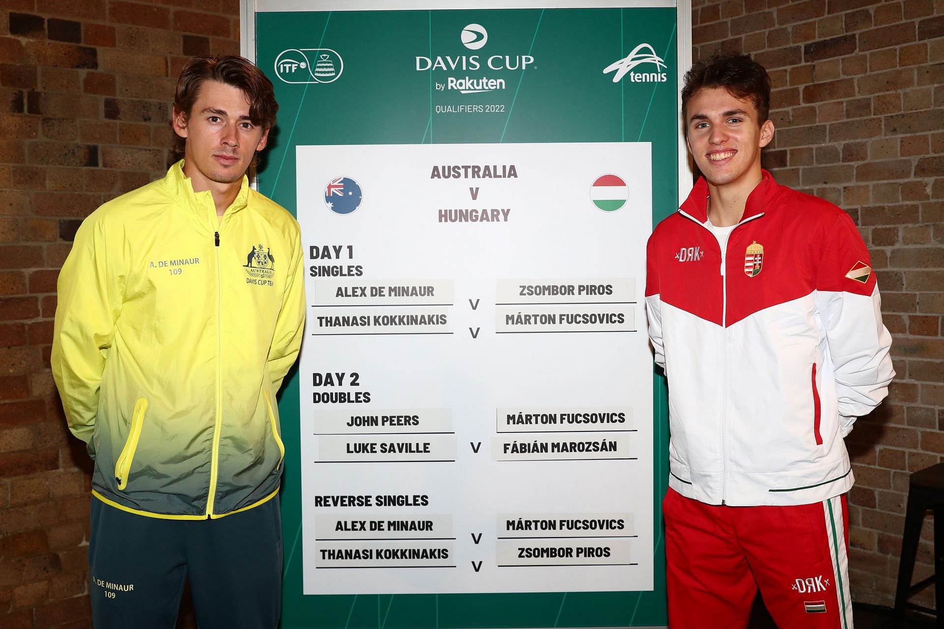 Alex de Minaur (L) and Zsombor Piros at the 2022 Davis Cup Qualifiers.