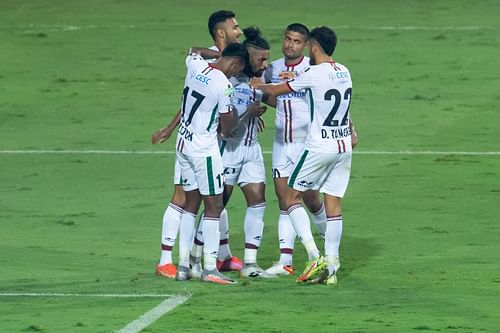 ATK Mohun Bagan players celebrate their goal against Chennaiyin FC. [Credits: ISL]