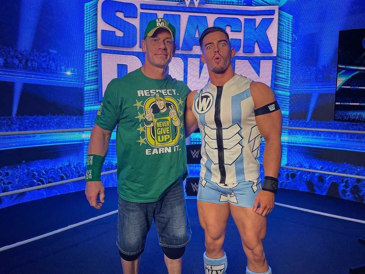 John Cena with Austin Theory backstage on SmackDown