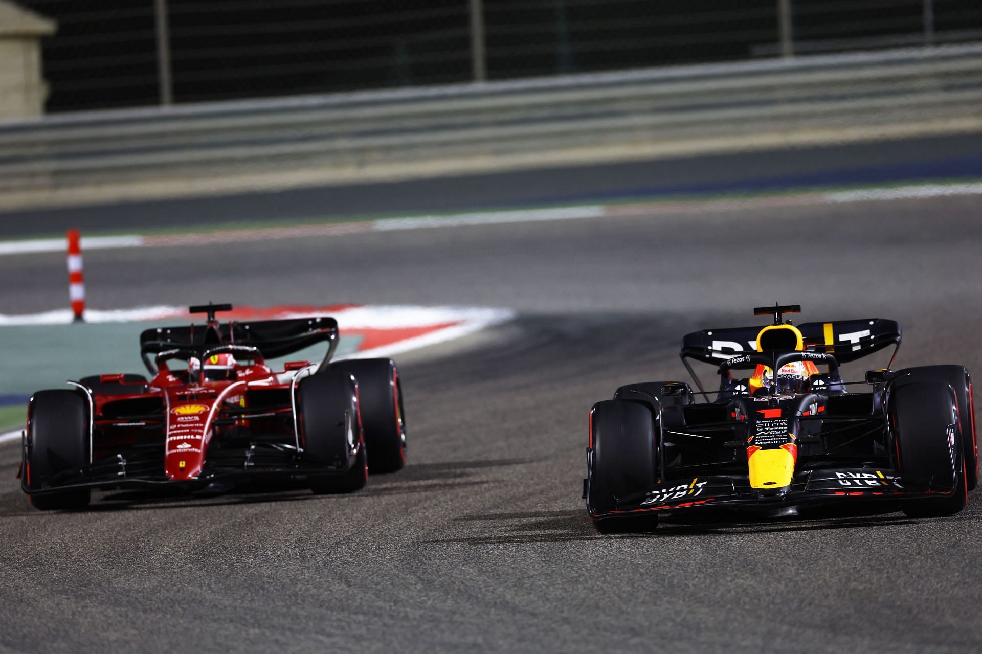 Ferrari&#039;s Charles Leclerc battles with Red Bull&#039;s Max Verstappen at the 2022 F1 Bahrain GP (Photo by Lars Baron/Getty Images)