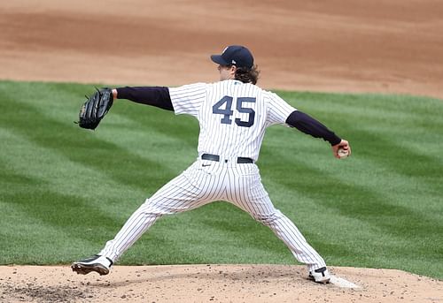 Gerrit Cole pitches during a Blue Jays v Yankees game.