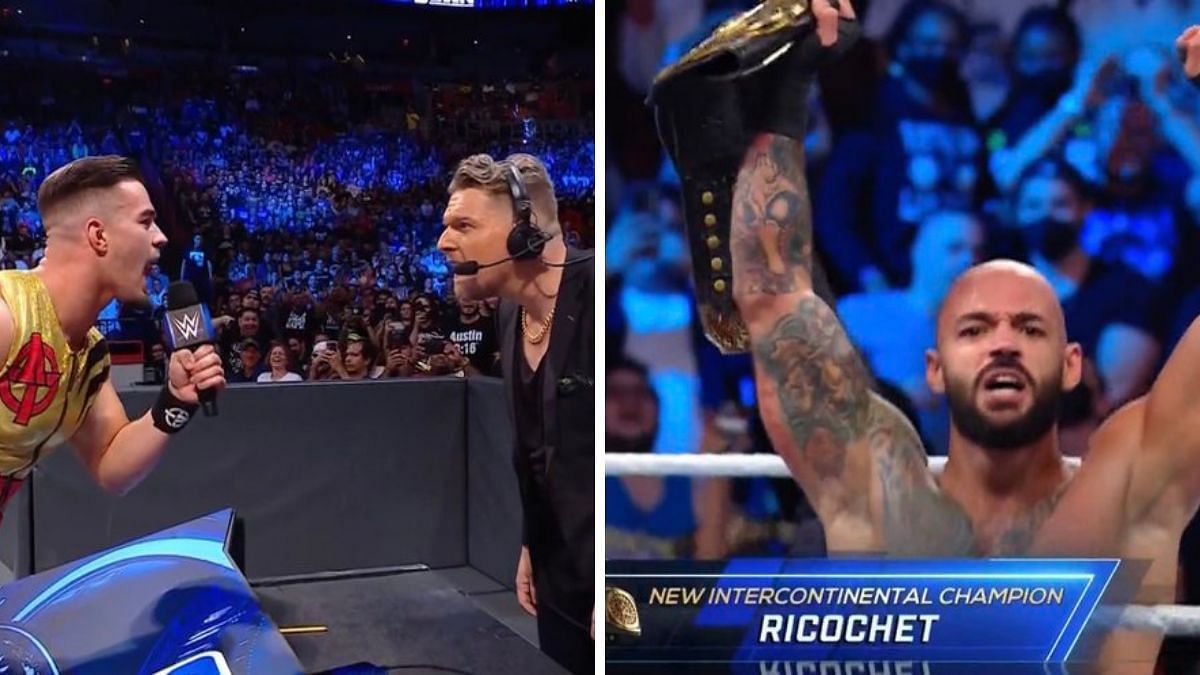Austin Theory and Pat McAfee (left); Intercontinental Champion Ricochet (right) on SmackDown