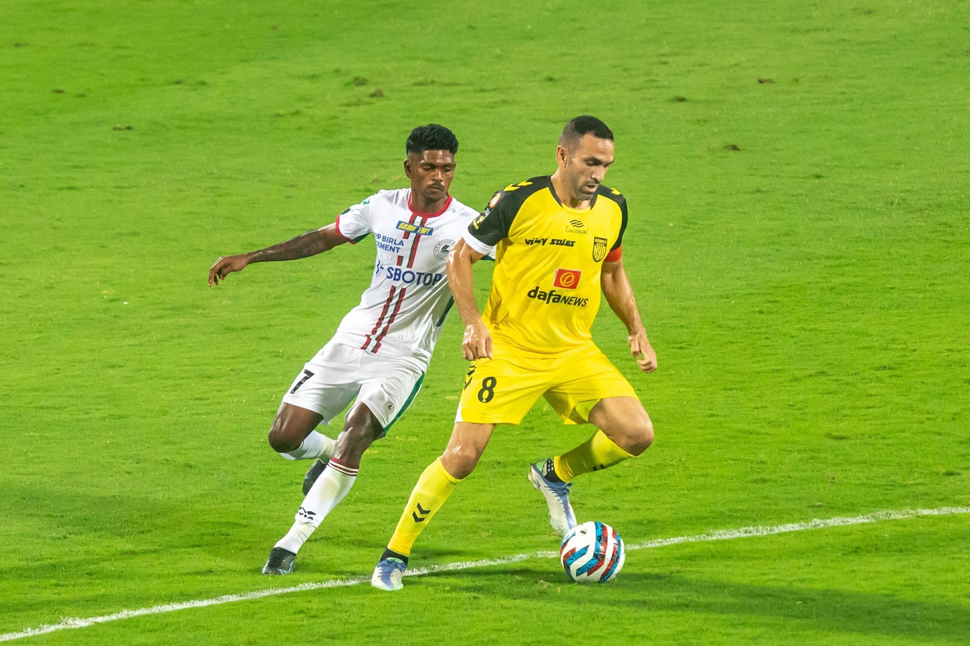 Hyderabad FC&#039;s Joao Victor in action against ATK Mohun Bagan&#039;s Liston Colaco during the first-leg semi-final clash between the two (Image Courtesy: ISL)