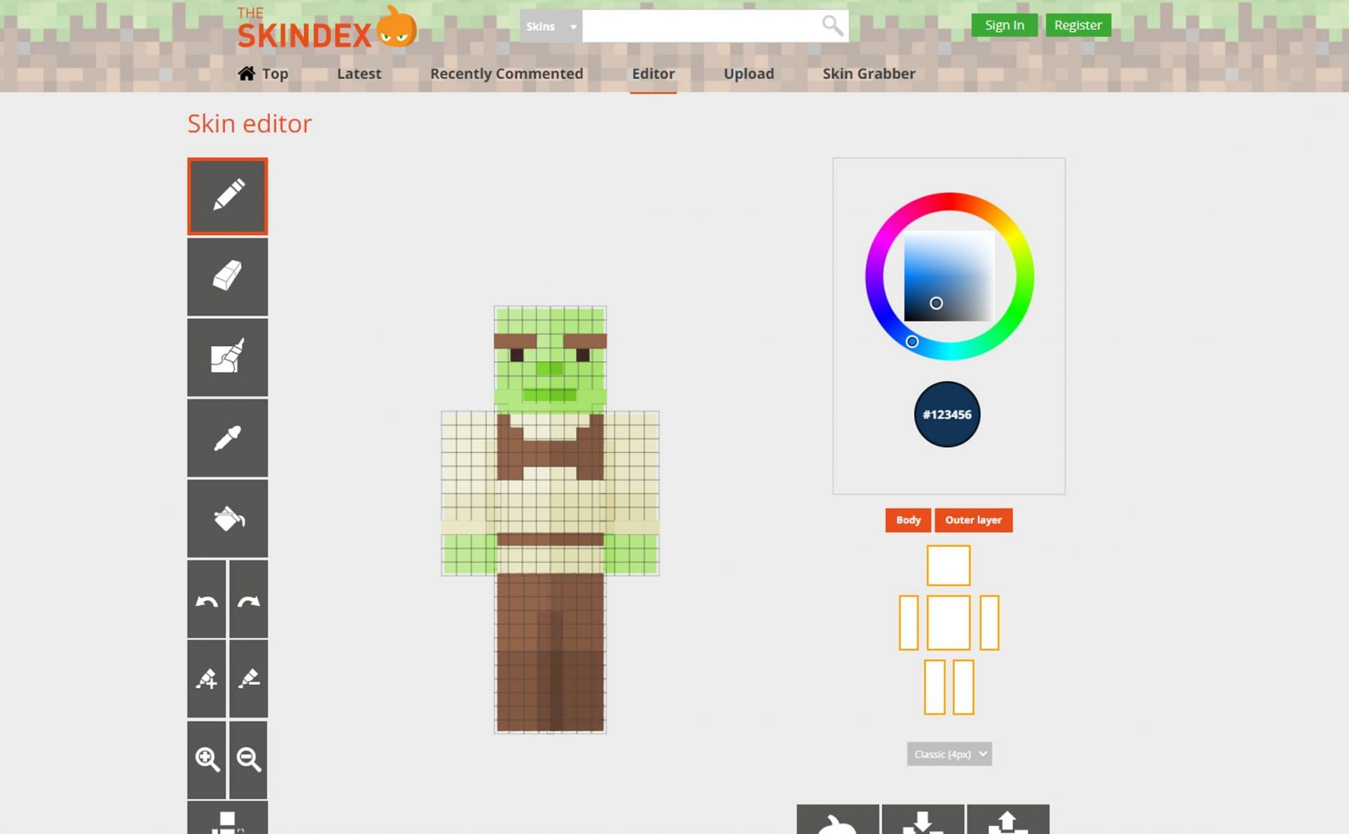 The Skindex&#039;s editor with a Shrek-themed skin loaded in (Image via The Skindex)