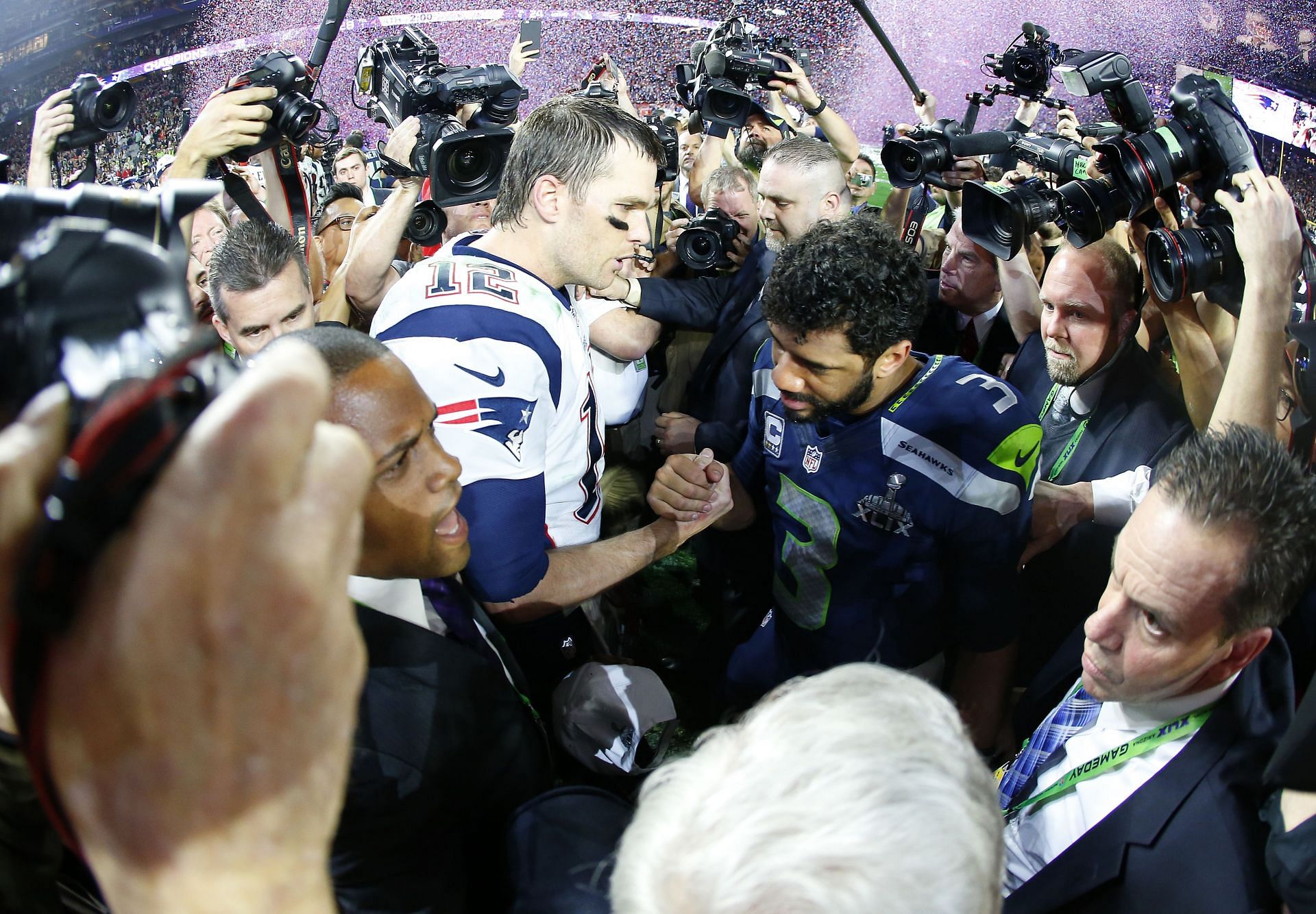 QBs Russell Wilson and Tom Brady at Super Bowl XLIX