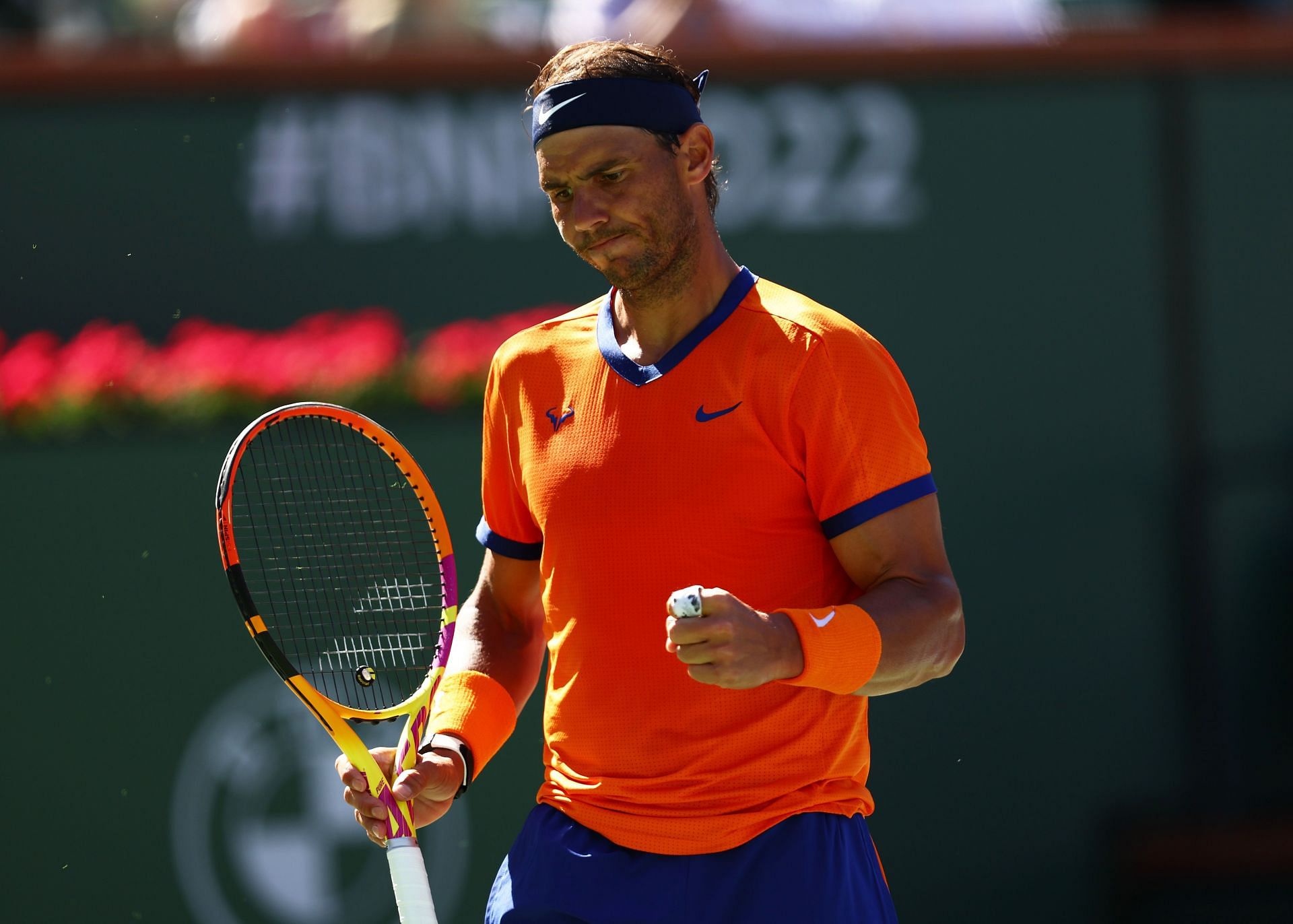 Rafael Nadal celebrates a point against Dan Evans at the Indian Wells Masters