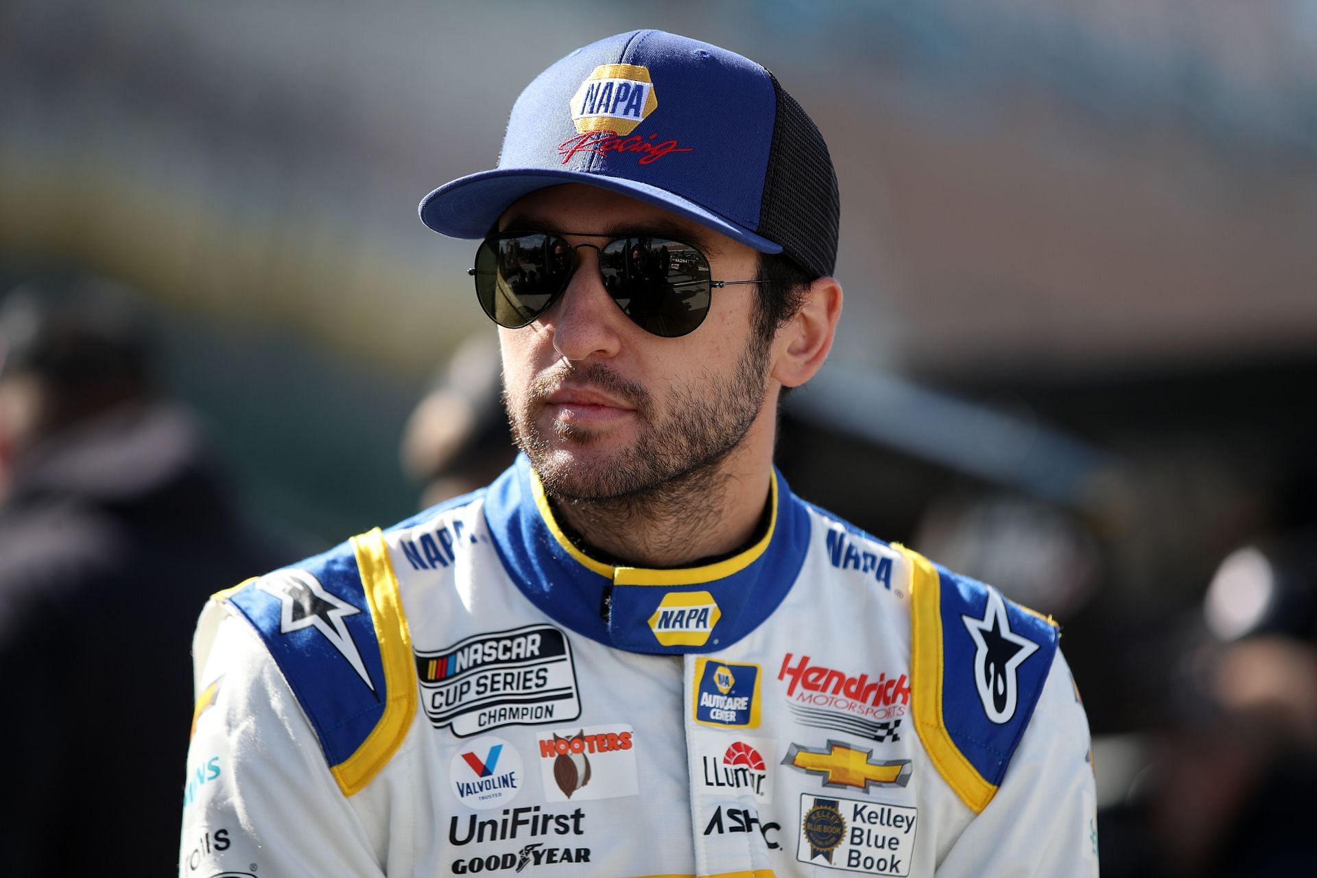 Chase Elliott waits on the grid during practice for NASCAR Cup Series Pennzoil 400 at Las Vegas Motor Speedway