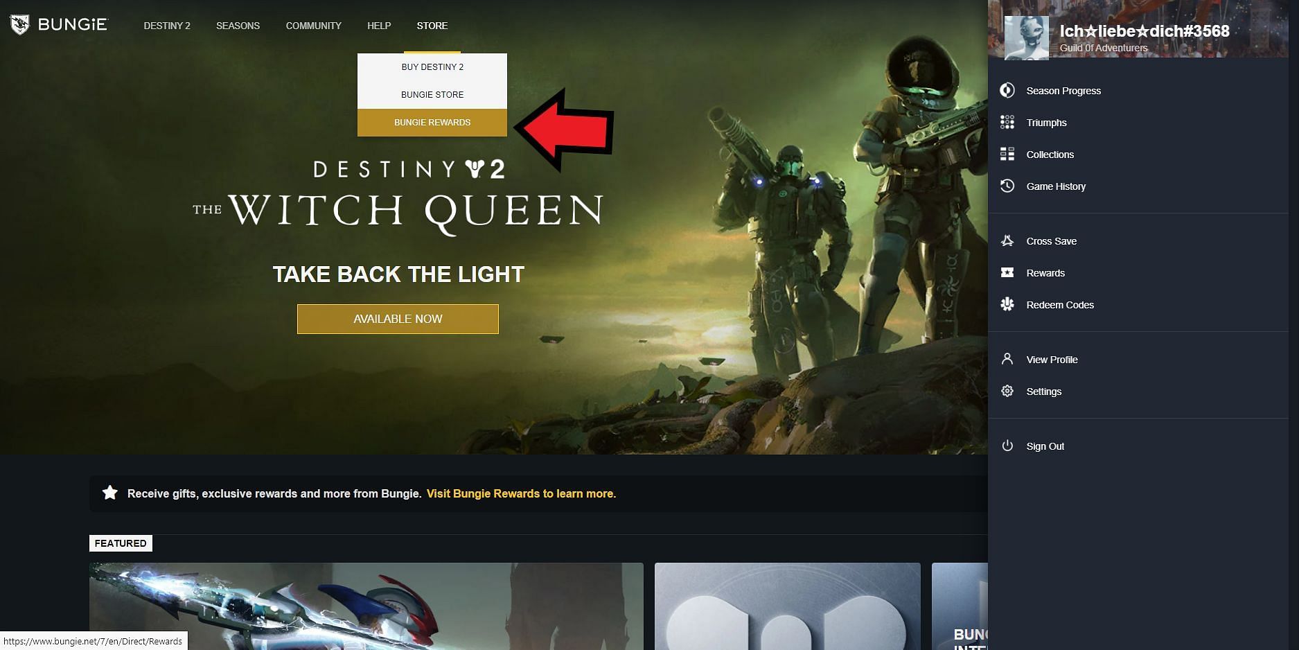 Bungie&#039;s official website rewards tab (Image via Bungie)