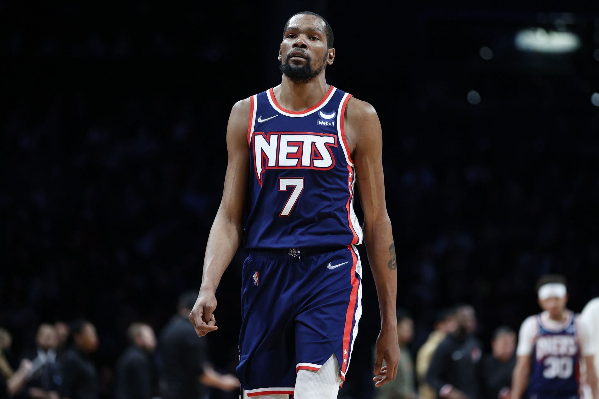 Kevin Durant of the Brooklyn Nets looks on against the Portland Trail Blazers at Barclays Center on Friday in the Brooklyn borough of New York City. The Nets won 128-123.