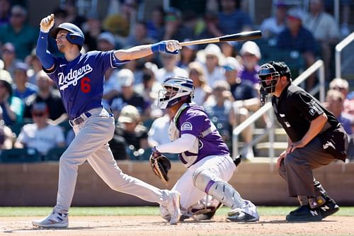 Trea Turner #6 of the Los Angeles Dodgers bats against the Colorado Rockies