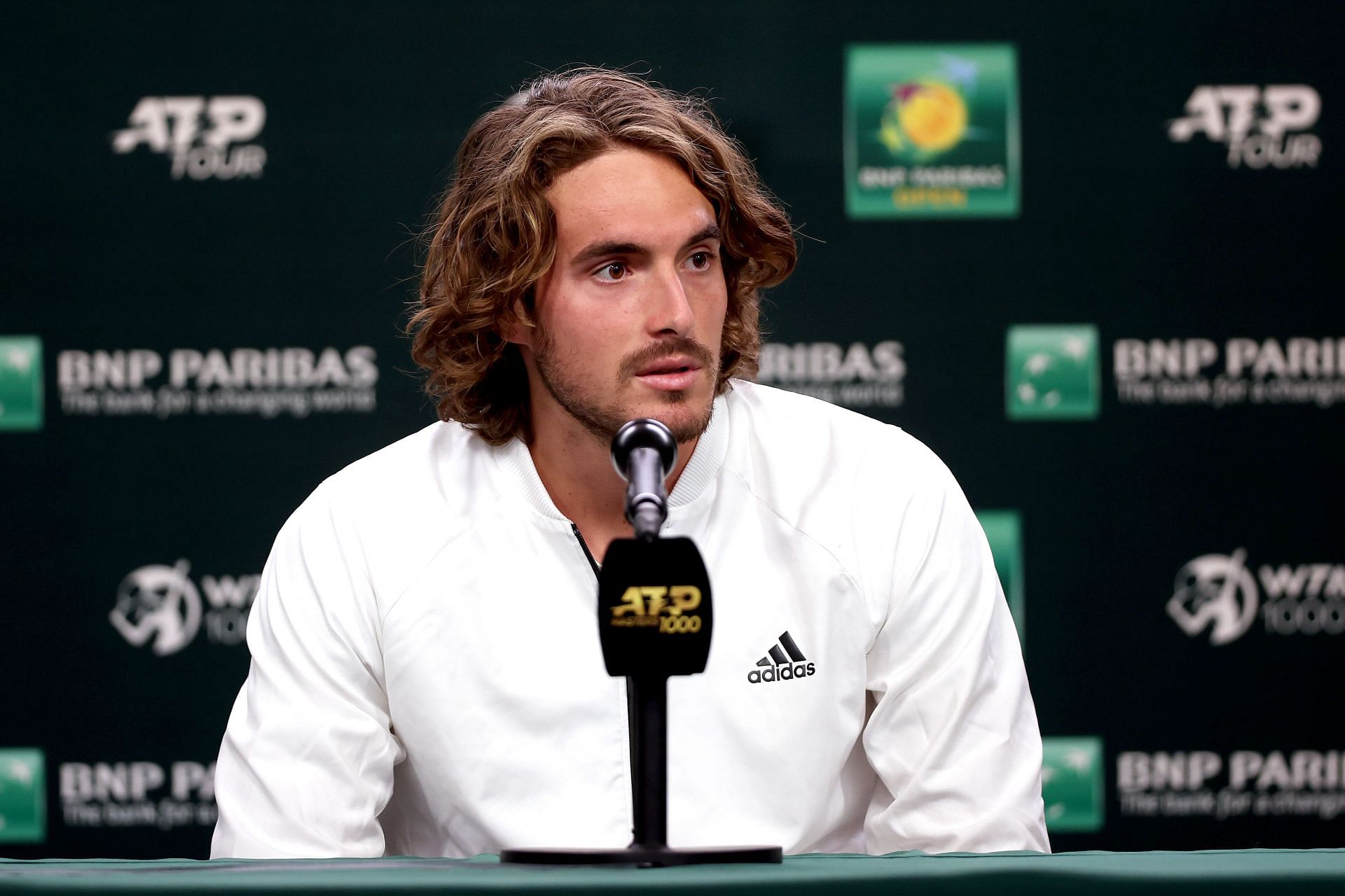 Stefanos Tsitsipas speaks during a press conference at the 2022 Indian Wells Masters