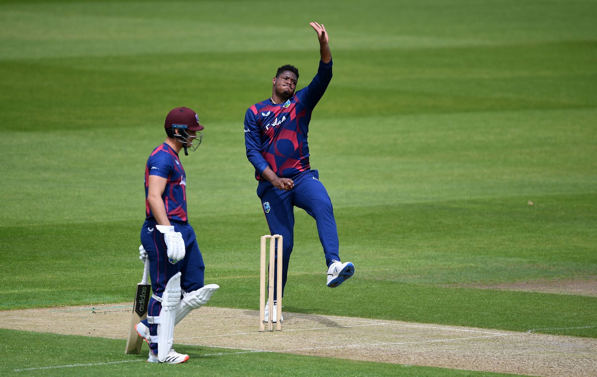 Oshane Thomas bowling during a warm-up match. Pic: Getty Images