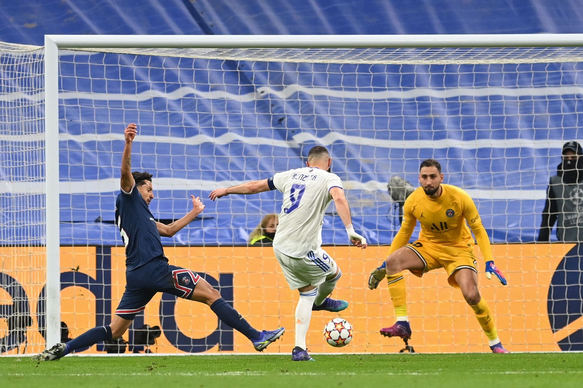 Gianluigi Donnarumma (right) and Marquinhos (left) didn&#039;t cover themselves in glory against Real Madrid and Karim Benzema (#9).