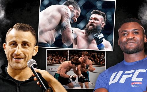 Alexander Volkanovski (L) and Francis Ngannou (R) [via Getty], Matt Brown vs. Bryan Barberena (center top image) [via @ufc on Instagram], Stephan Bonnar vs. Forest Griffin (center bottom image) [via ufc.com]