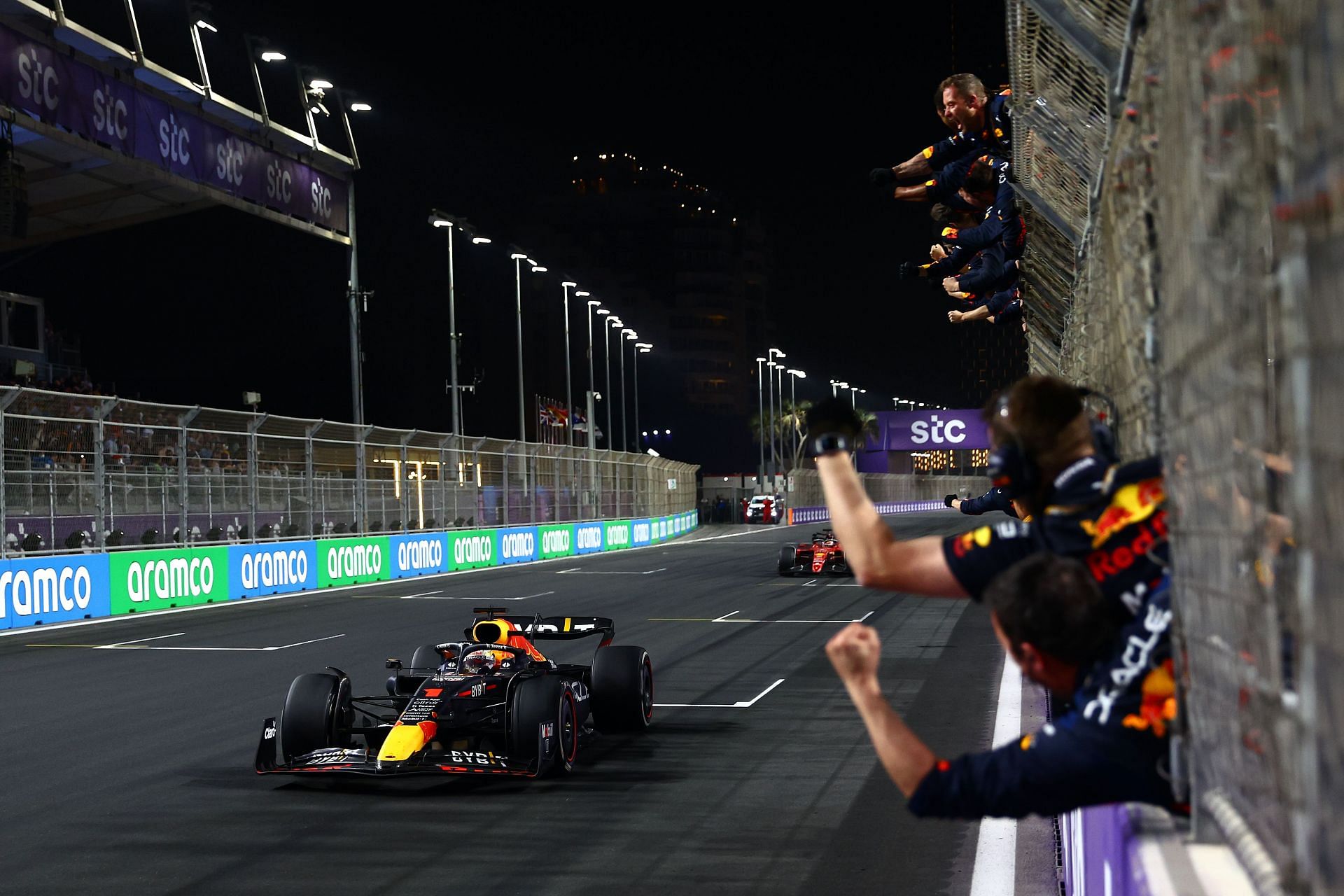 Red Bull&#039;s Max Verstappen takes the checkered flag in Jeddah ahead of Ferrari&#039;s Charles Leclerc (Photo by Mark Thompson/Getty Images)