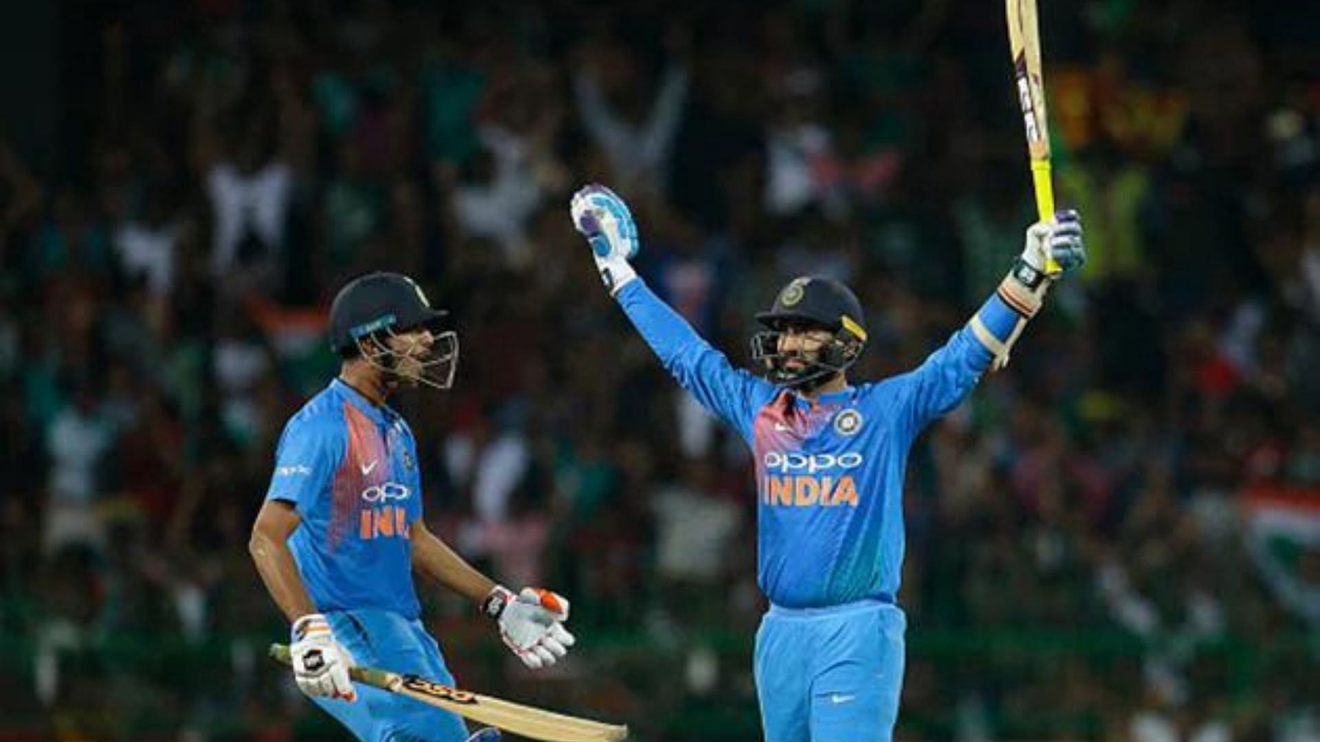 Dinesh Karthik celebrates after taking India to a miraculous last-gasp win over Bangladesh