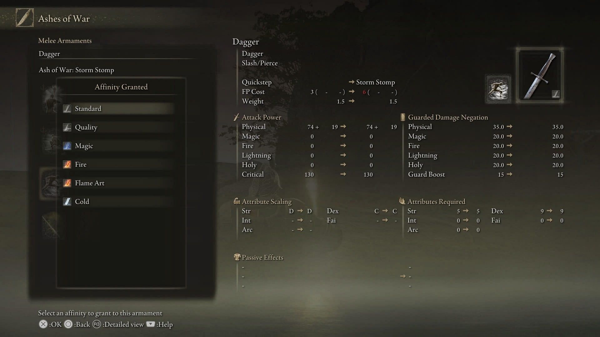 A look at the basic Dagger&#039;s stat page in Elden Ring (Image via FromSoftware Inc.)