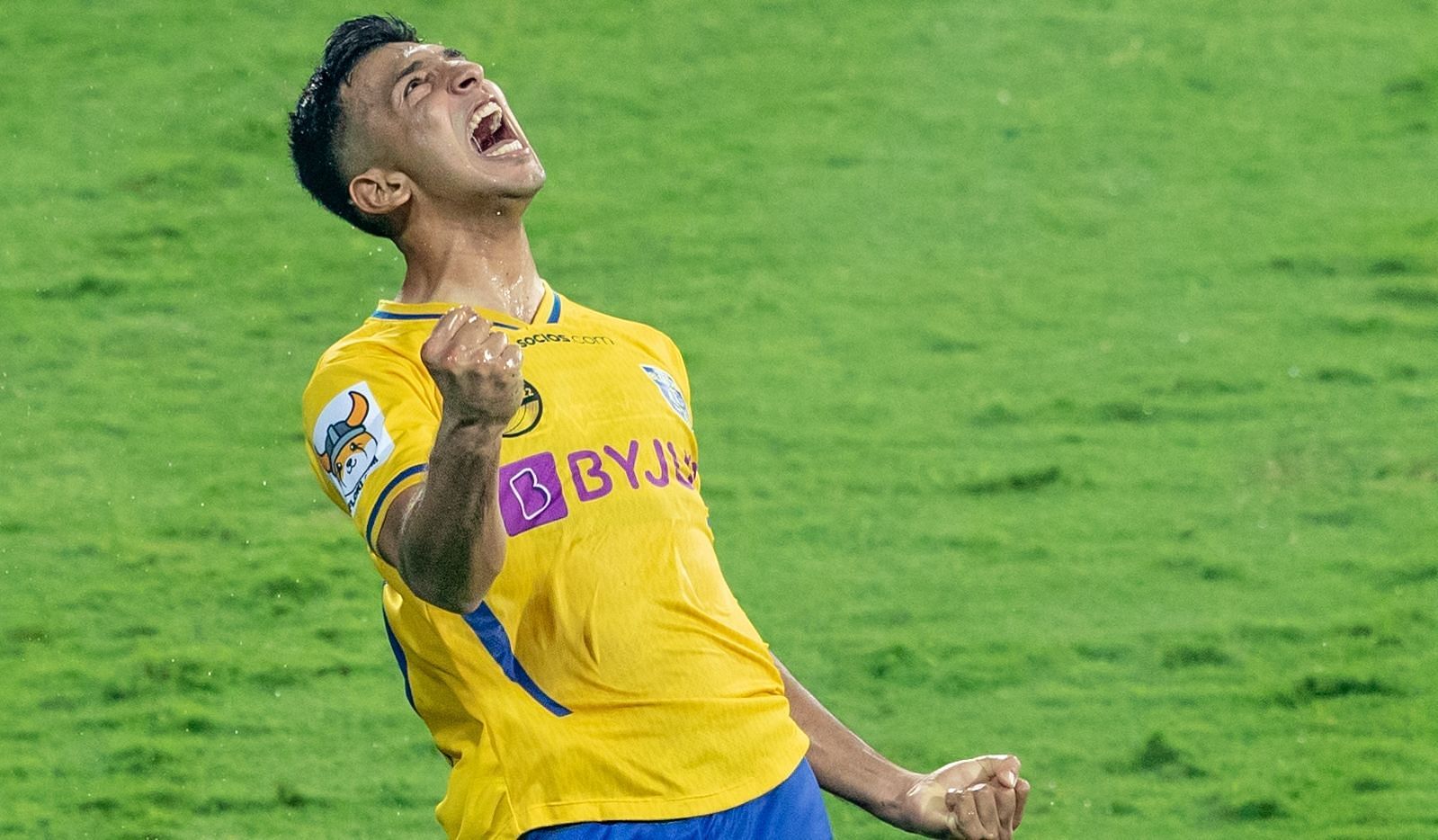 Kerala Blasters FC&#039;s Sahal Abdul Samad reacts after scoring against Jamshedpur FC. (Image Courtesy: ISL Media)