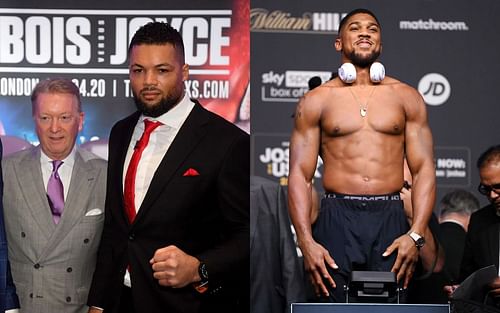 Frank Warren (far left) seems to believe that Joe Joyce (second from left) has what it takes to defeat Anthony Joshua (right)