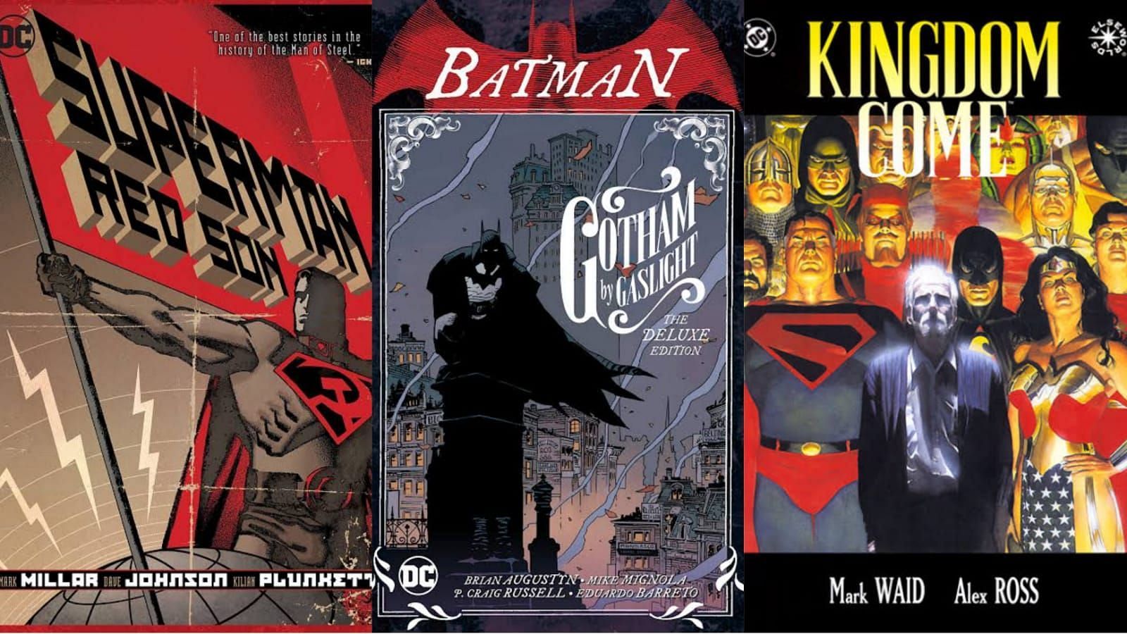 Superman: Red Son, Batman: Gotham by Gaslight, Kingdom Come covers (Image via DC Comics)