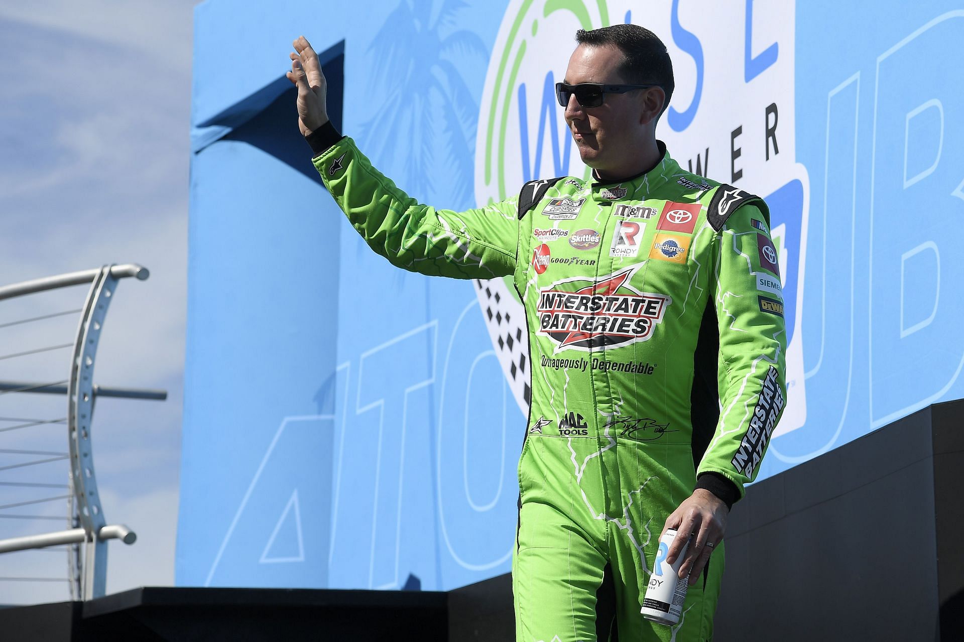 Kyle Busch during driver intros before the 2022 NASCAR Cup Series Wise Power 400 at Auto Club Speedway in Fontana, California (Photo by Kevork Djansezian/Getty Images)