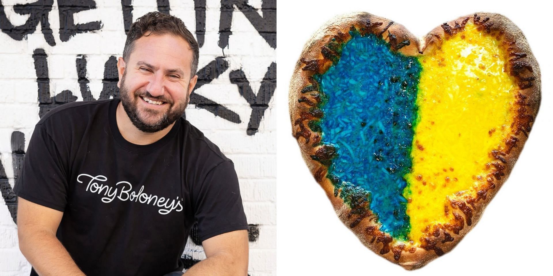 Tony Boloney&#039;s sells blue and yellow &quot;Ukraine Love&quot; pizza in fundraiser (Images via Tony Boloney&#039;s)