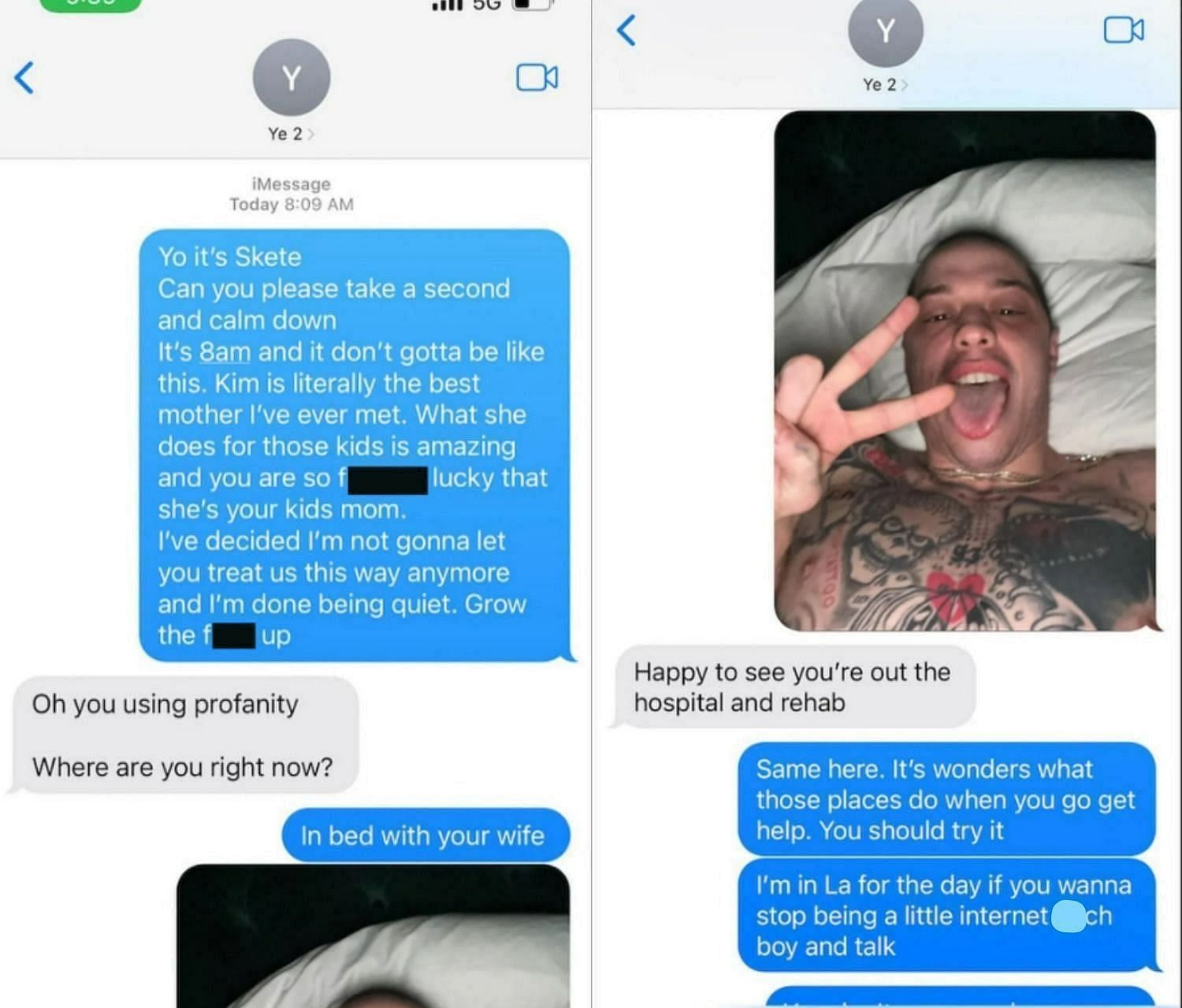 Text messages exchanged between Kanye West and Pete Davidson 1/3 (Image via Dave Sirus/Instagram)