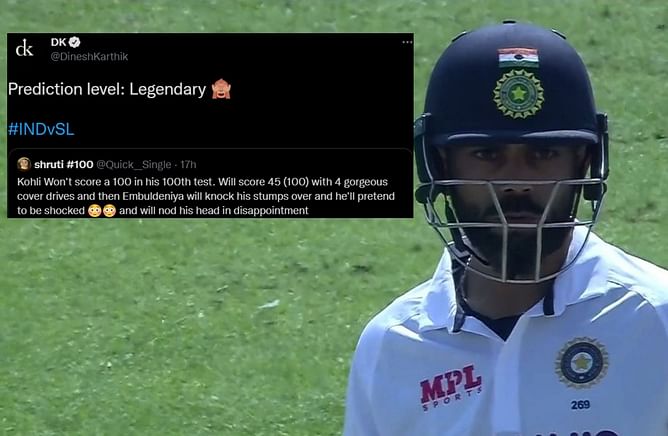"Legendary" - Dinesh Karthik reacts after a fan accurately predicts Virat Kohli's score, dismissal mode in 1st Test vs Sri Lanka