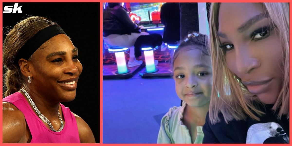 Serena Williams poses with her daughter Olympia during a visit to the arcade