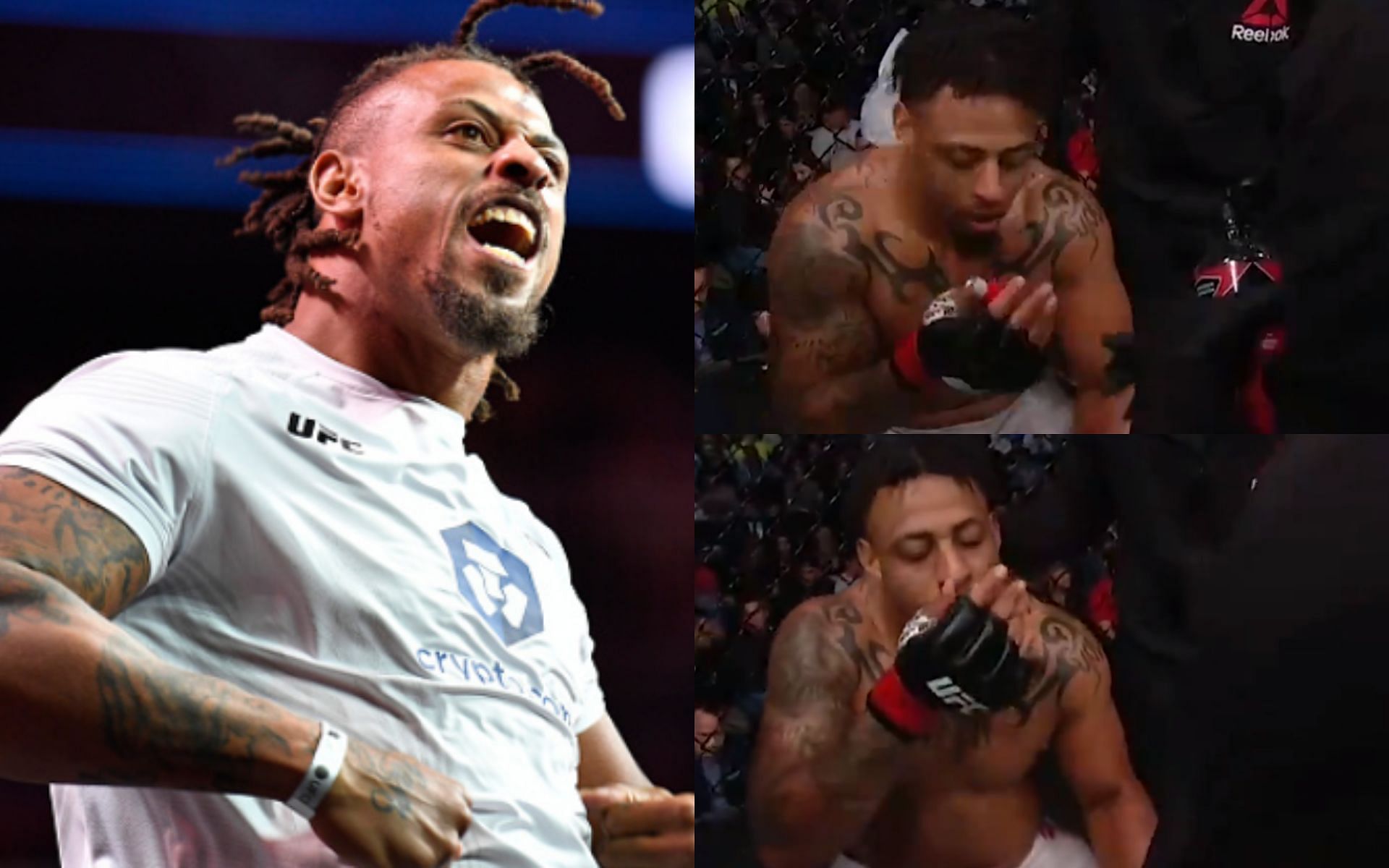 Greg Hardy (left, image courtesy of Getty); Hardy using the inhaler (top and bottom right, images courtesy of @espnmma Twitter)