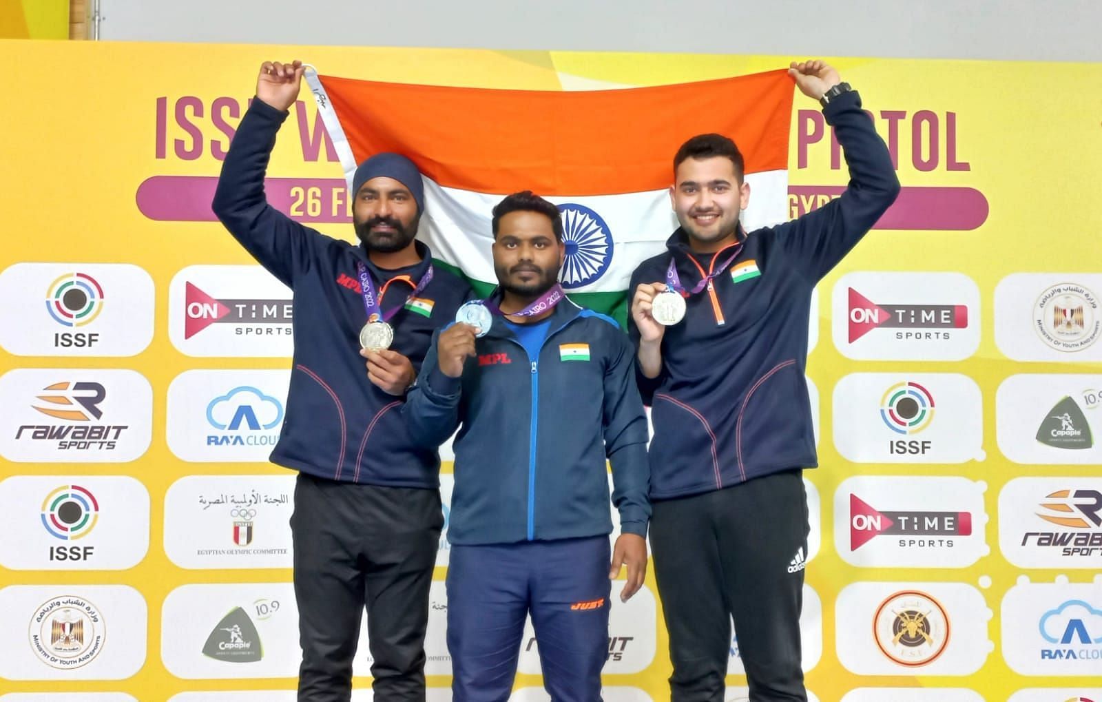 Indian men&#039;s team (Gurpreet Singh, Bhavesh Shekhwat, Anish Bhanwala L to R) after winning silver medal in 25m Rapid fire pistol event.