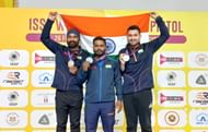 Indian men's team (Gurpreet Singh, Bhavesh Shekhwat, Anish Bhanwala L to R) after winning silver medal in 25m Rapid fire pistol event.