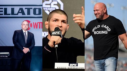 Scott Coker (Left), Khabib Nurmagomedov (Middle), and Dana White (Right) (Images courtesy of Getty and Scott Coker Twitter)