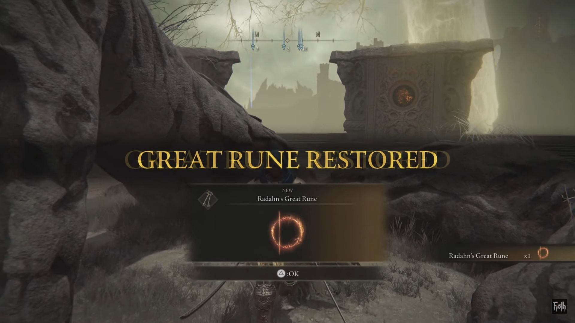 Radahn&#039;s Great Rune in Elden Ring takes effect only after reaching the soft cap for major attributes (Image via Mista FiOth/Youtube)
