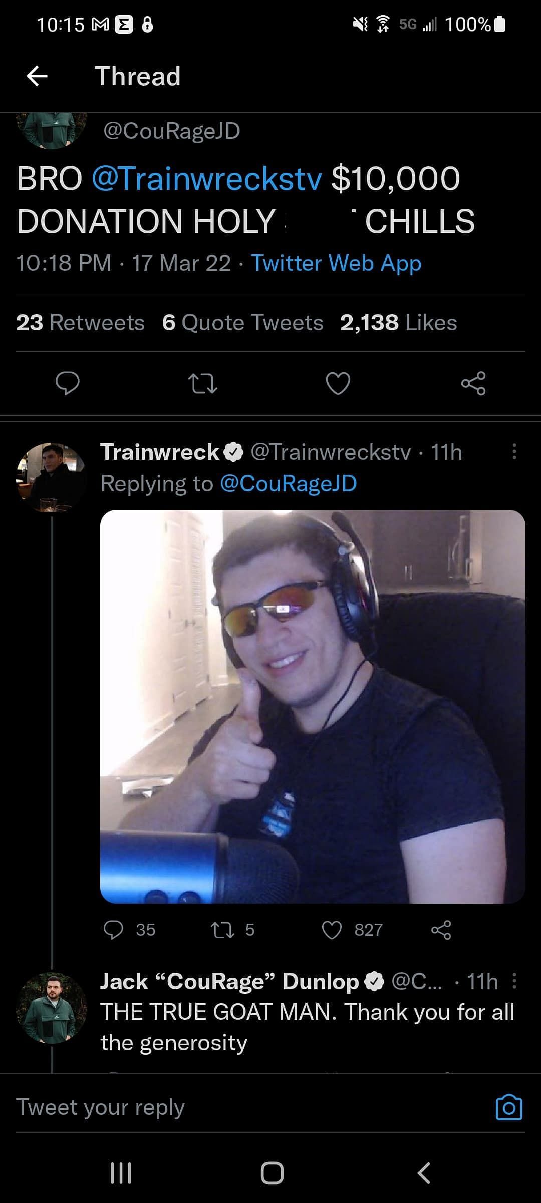 Trainwrecks really came through, with a huge $10K donation to the streamer (Image via CouRageJD &amp; TrainwrecksTV/Twitter)