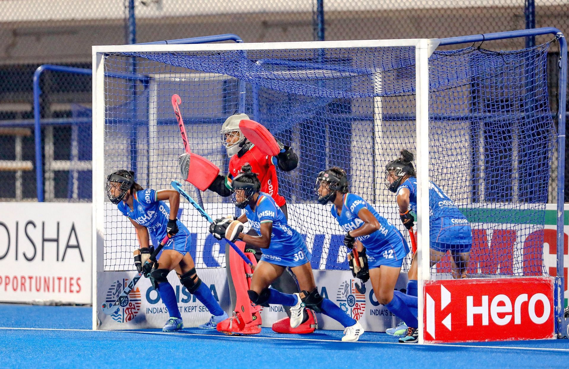 Akshata Abaso Dhekale (left) defending during the shootout against Germany. (PC: Hockey India)