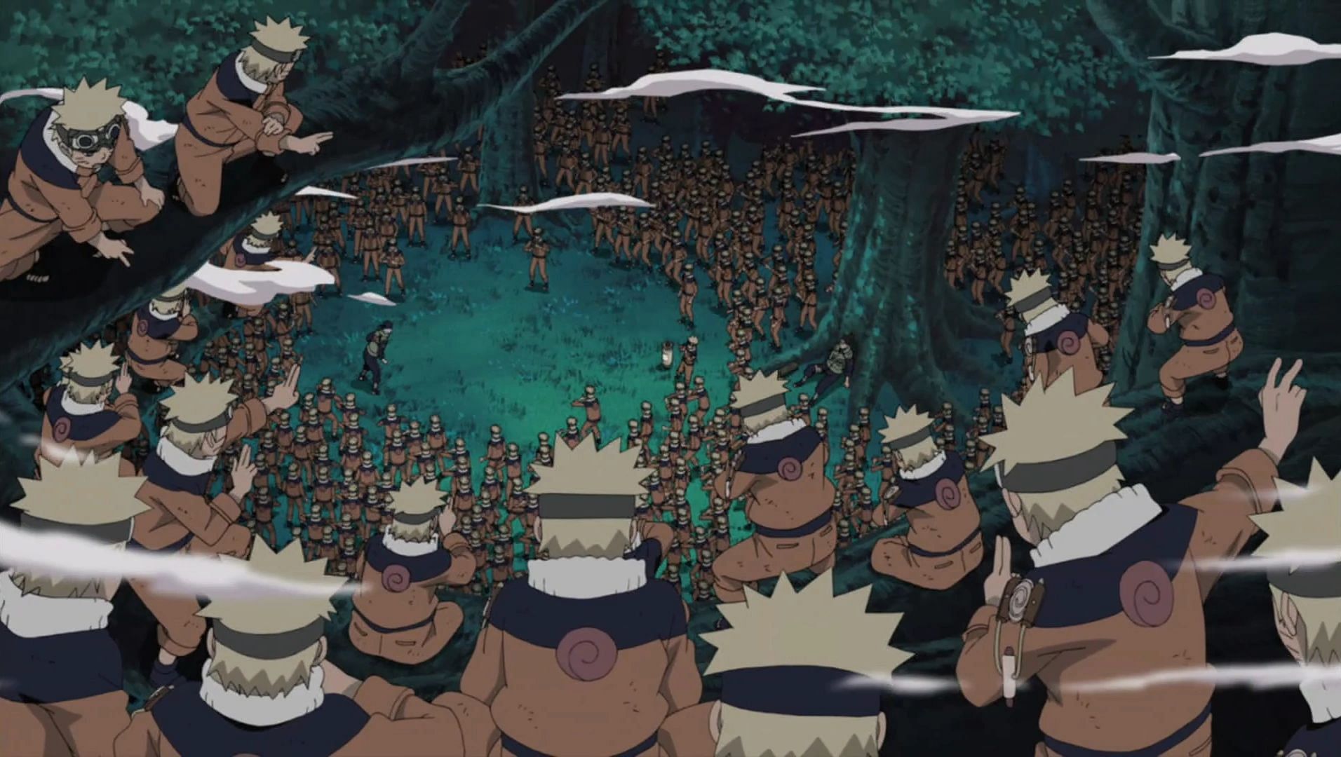 Naruto using Multiple Shadow Clone Technique to save Iruka and defeat Mizuki (Image via Studio Pierrot)