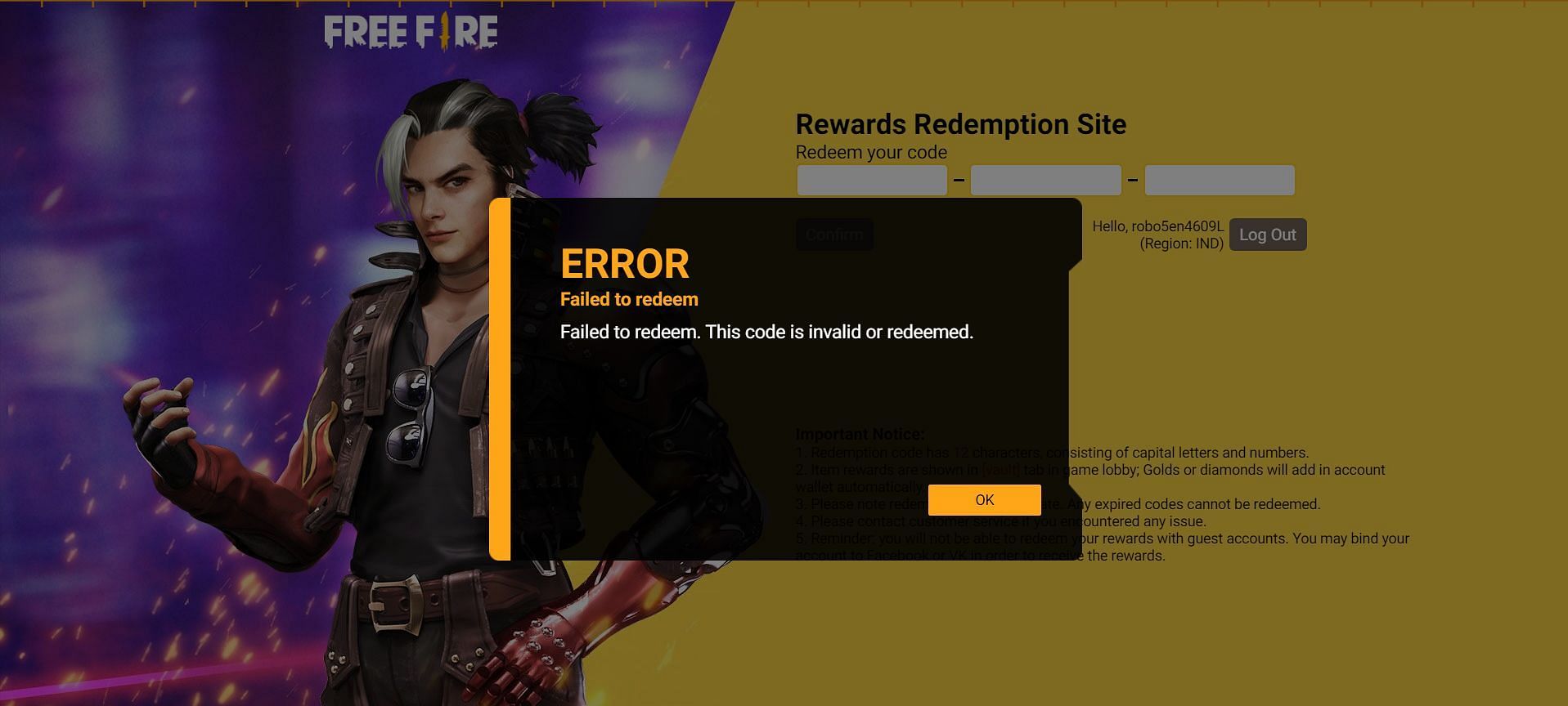 The code is either invalid or has already been used (Image via Garena)