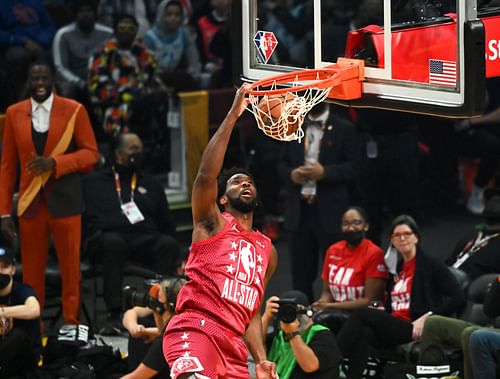 Joel Embiid of Team Durant dunks during the  All-Star Game on Feb. 20 in Cleveland, Ohio.