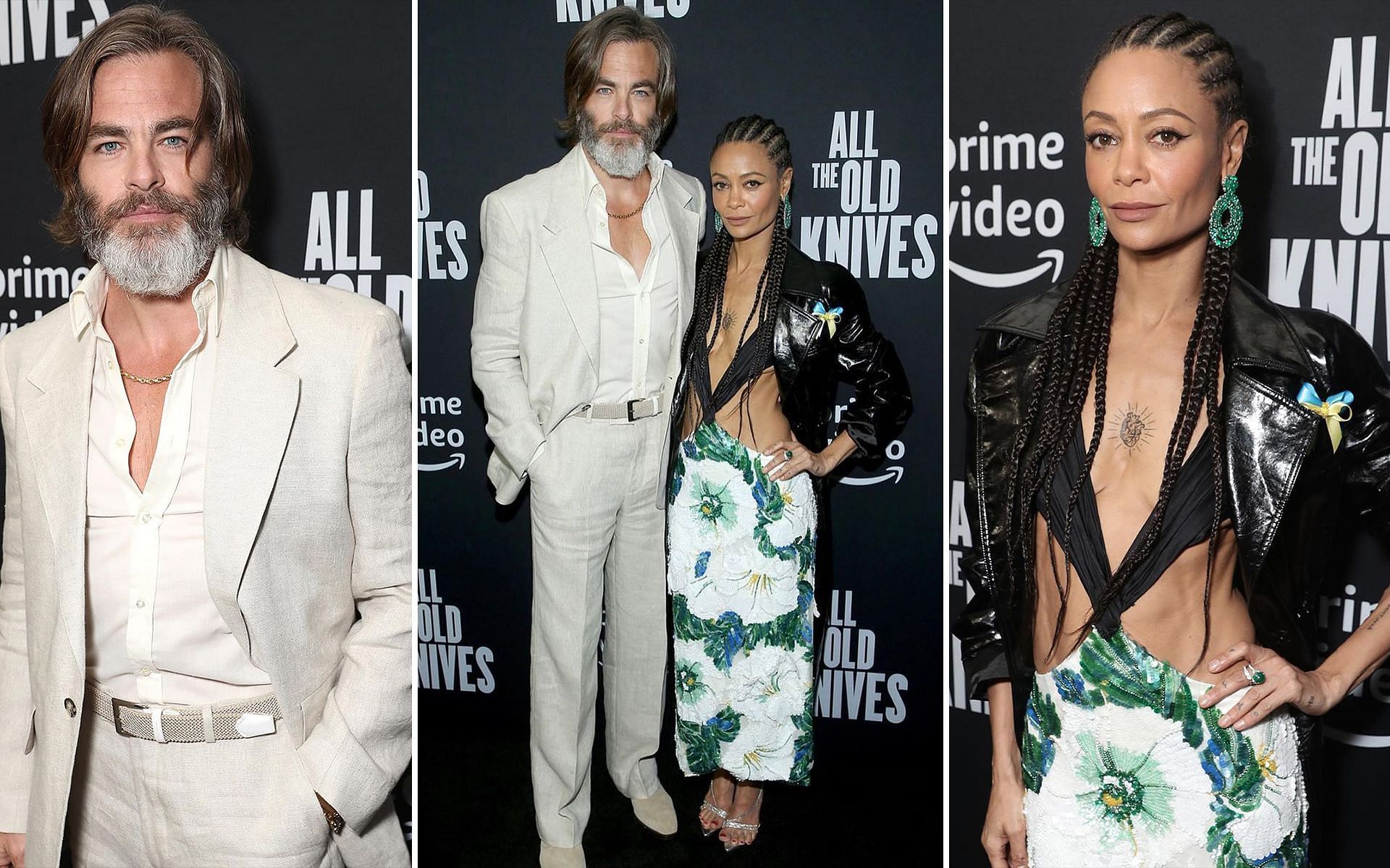 Chris Pine and Thandiwe Newton on the red carpet (Image via @amazonstudios and @erinwalshstyle/Instagram)