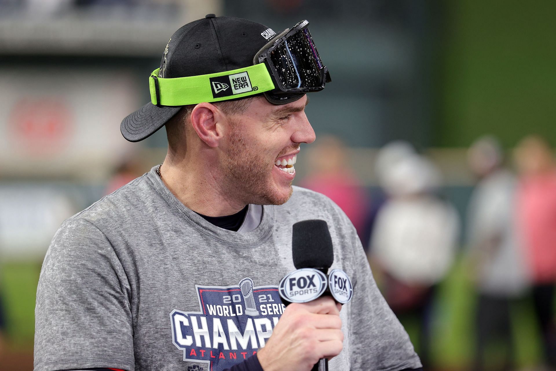 Freeman being interviewed following World Series - Atlanta Braves v Houston Astros - Game Six